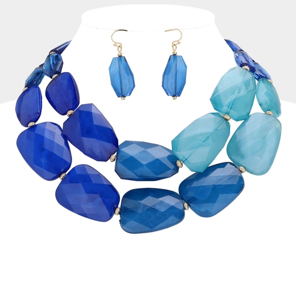Gold Blue Pebble Layered Tiered Abstract Necklace Chunky Statement Jewelry Set - Picture 1 of 10